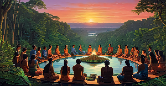 A peaceful Amazonian scene with lush greenery and a sunset, showcasing a group participating in an Ayahuasca ceremony with a shaman.