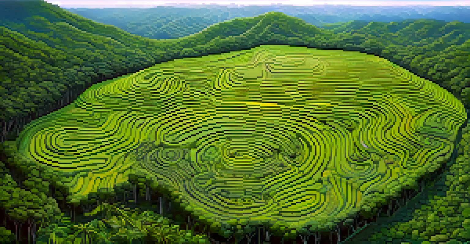 An aerial view of contour farming with rows of ayahuasca plants and cover crops on sloping land, showcasing sustainable agricultural practices.