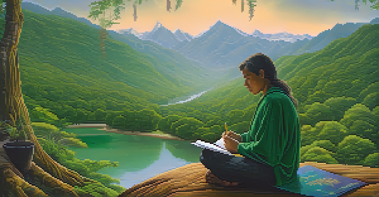 A close-up of a person journaling in nature after an Ayahuasca ceremony, with a mountain landscape in the background and a cup of herbal tea nearby.