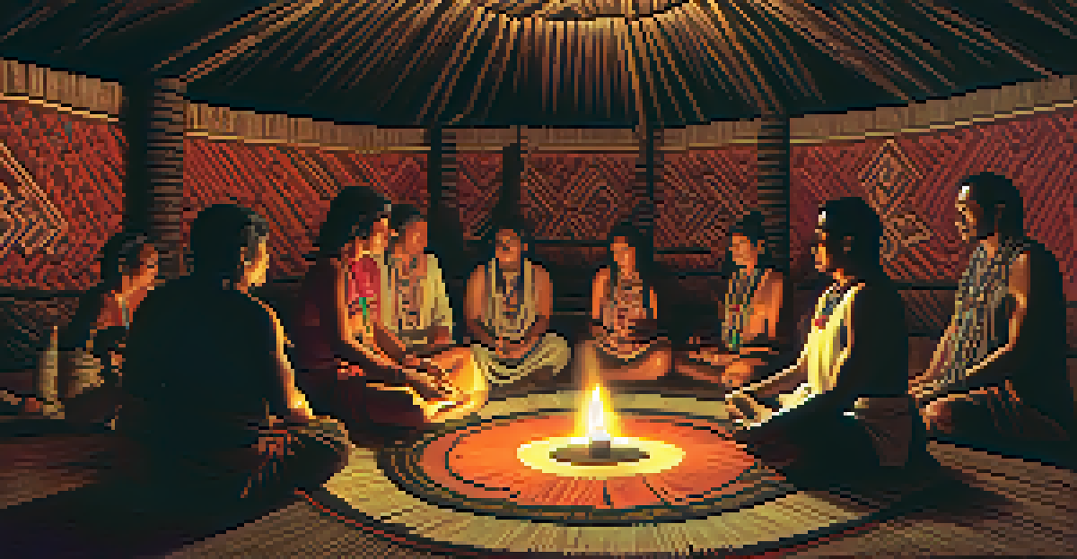 Participants in a circle during an Ayahuasca ceremony inside a ceremonial hut.