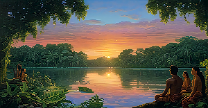 A peaceful river in the Amazon at dusk with a group of people in a circle, sharing intentions for an Ayahuasca ceremony.