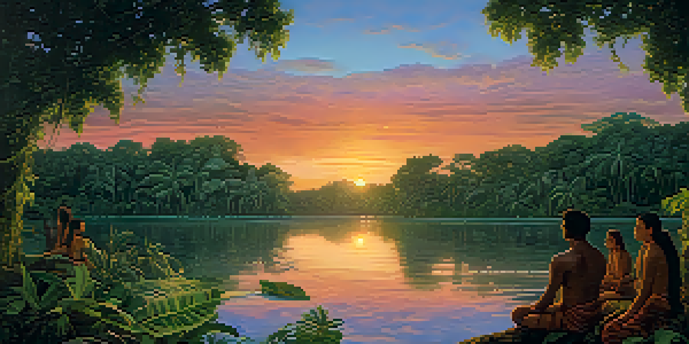 A peaceful river in the Amazon at dusk with a group of people in a circle, sharing intentions for an Ayahuasca ceremony.