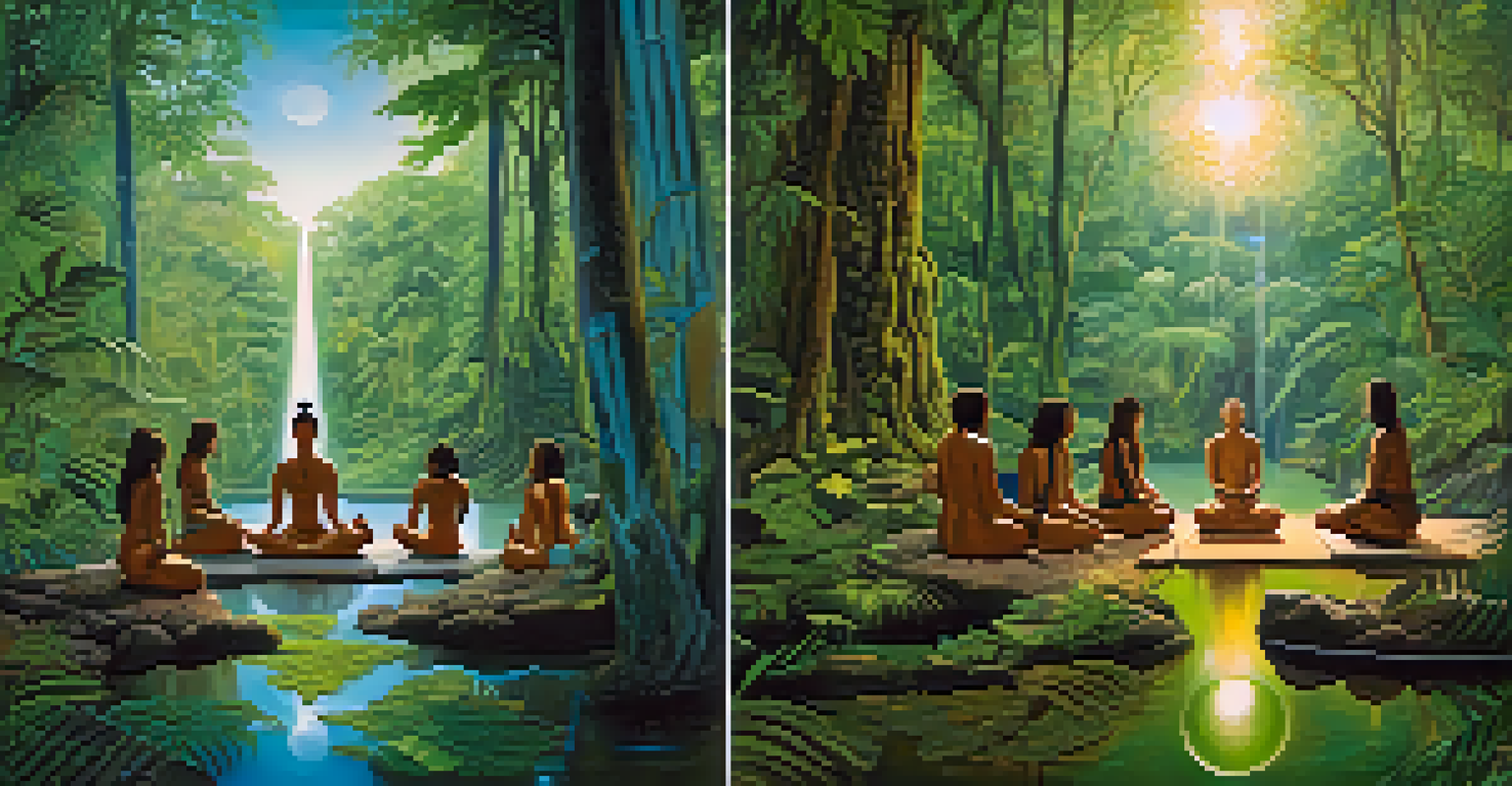 A split image comparing an Ayahuasca ceremony in the rainforest and a CBT session in a cozy indoor environment.