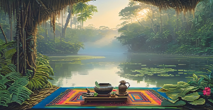 A peaceful Amazon rainforest at dawn with mist, a river, and an Ayahuasca ceremony setup featuring a woven mat and flowers.