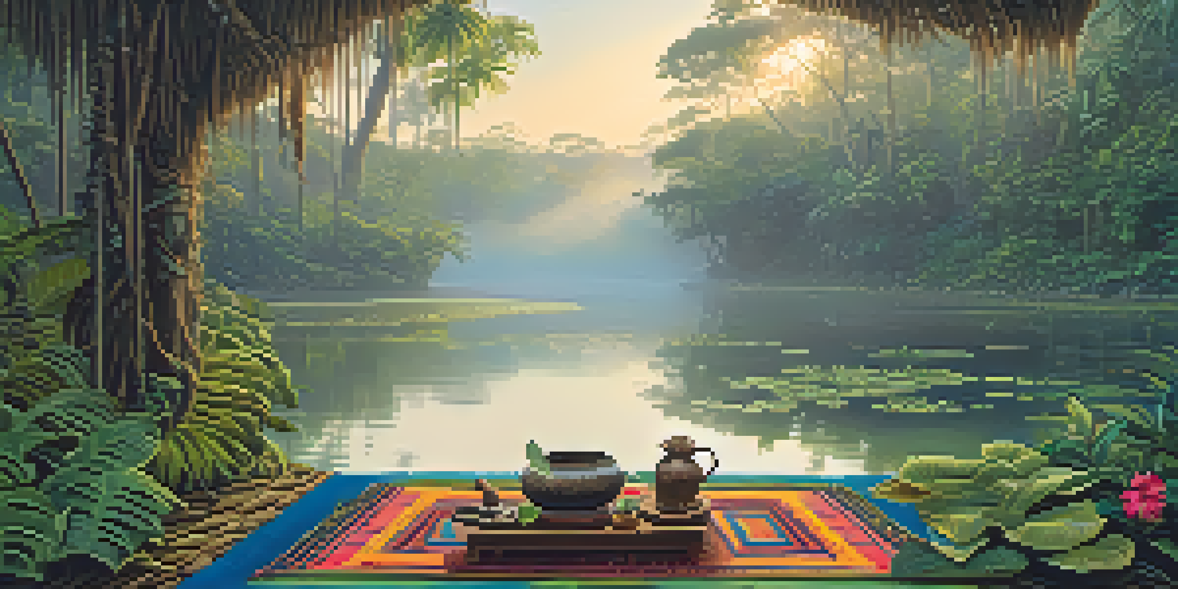A peaceful Amazon rainforest at dawn with mist, a river, and an Ayahuasca ceremony setup featuring a woven mat and flowers.