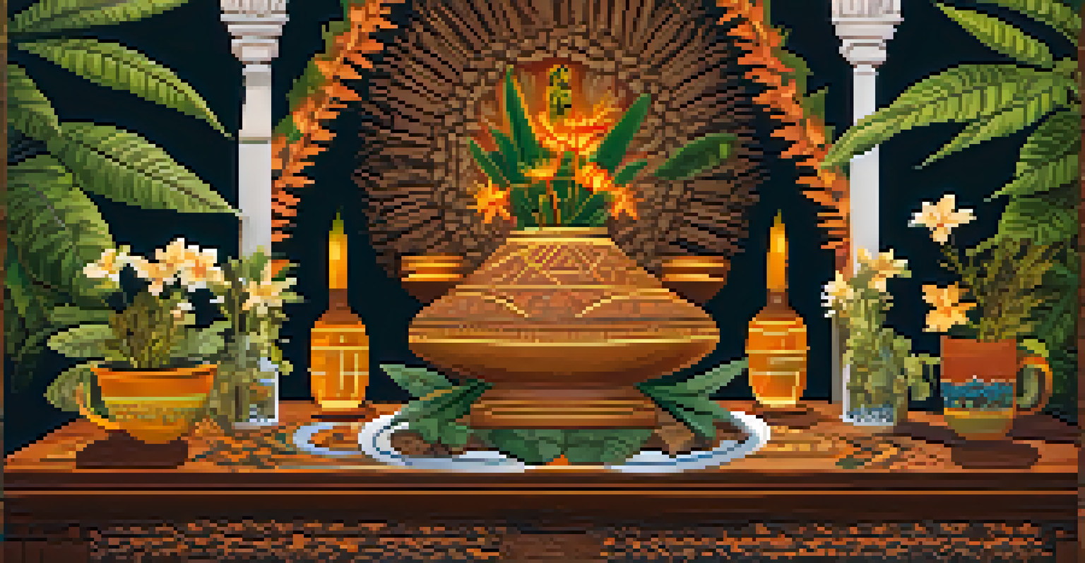 A close-up view of an altar for an Ayahuasca ceremony, decorated with flowers and a traditional cup, under soft ambient lighting.