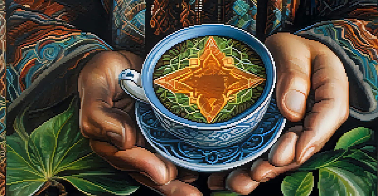 A close-up of hands holding a cup of Ayahuasca with reflections of nature patterns, set against a blurred green background.