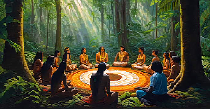 A diverse group of people participating in an Ayahuasca ceremony in a lush Amazon rainforest, surrounded by greenery and soft sunlight.