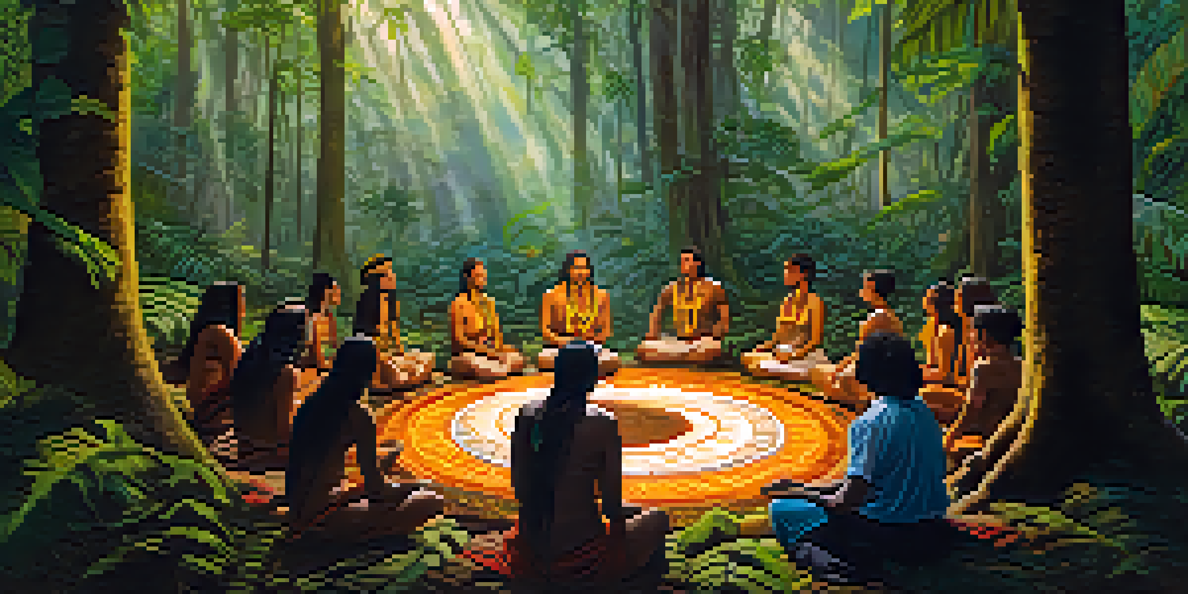 A diverse group of people participating in an Ayahuasca ceremony in a lush Amazon rainforest, surrounded by greenery and soft sunlight.