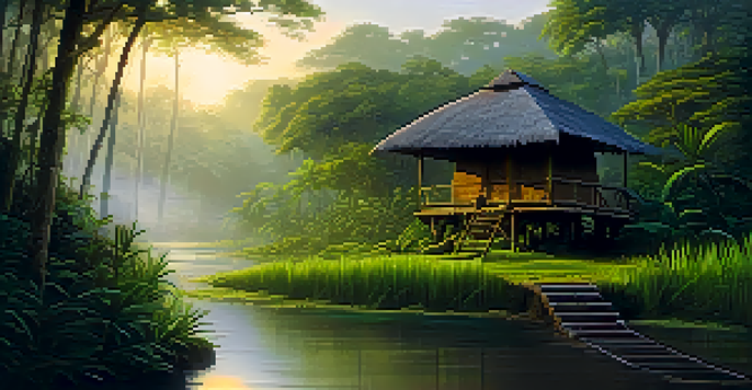 A tranquil Amazonian landscape with a ceremonial hut surrounded by lush green forests and morning mist.