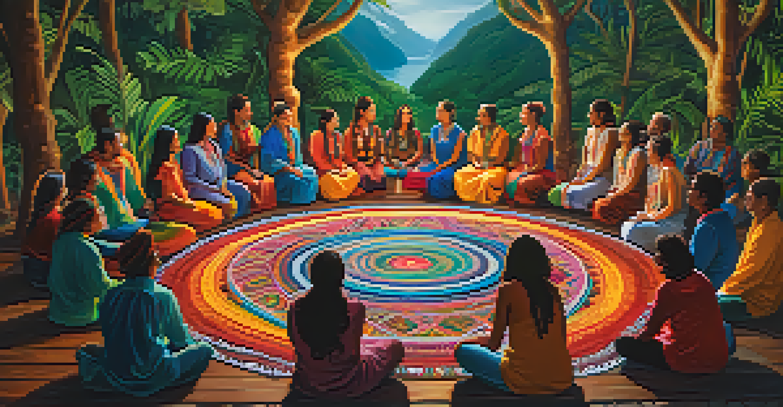 A group of people in a circle practicing breathwork during an Ayahuasca ceremony, showcasing various emotions in a colorful setting.