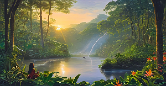 A tranquil Amazonian jungle at dawn, featuring lush greenery, a flowing stream, and participants in a traditional Ayahuasca ceremony.