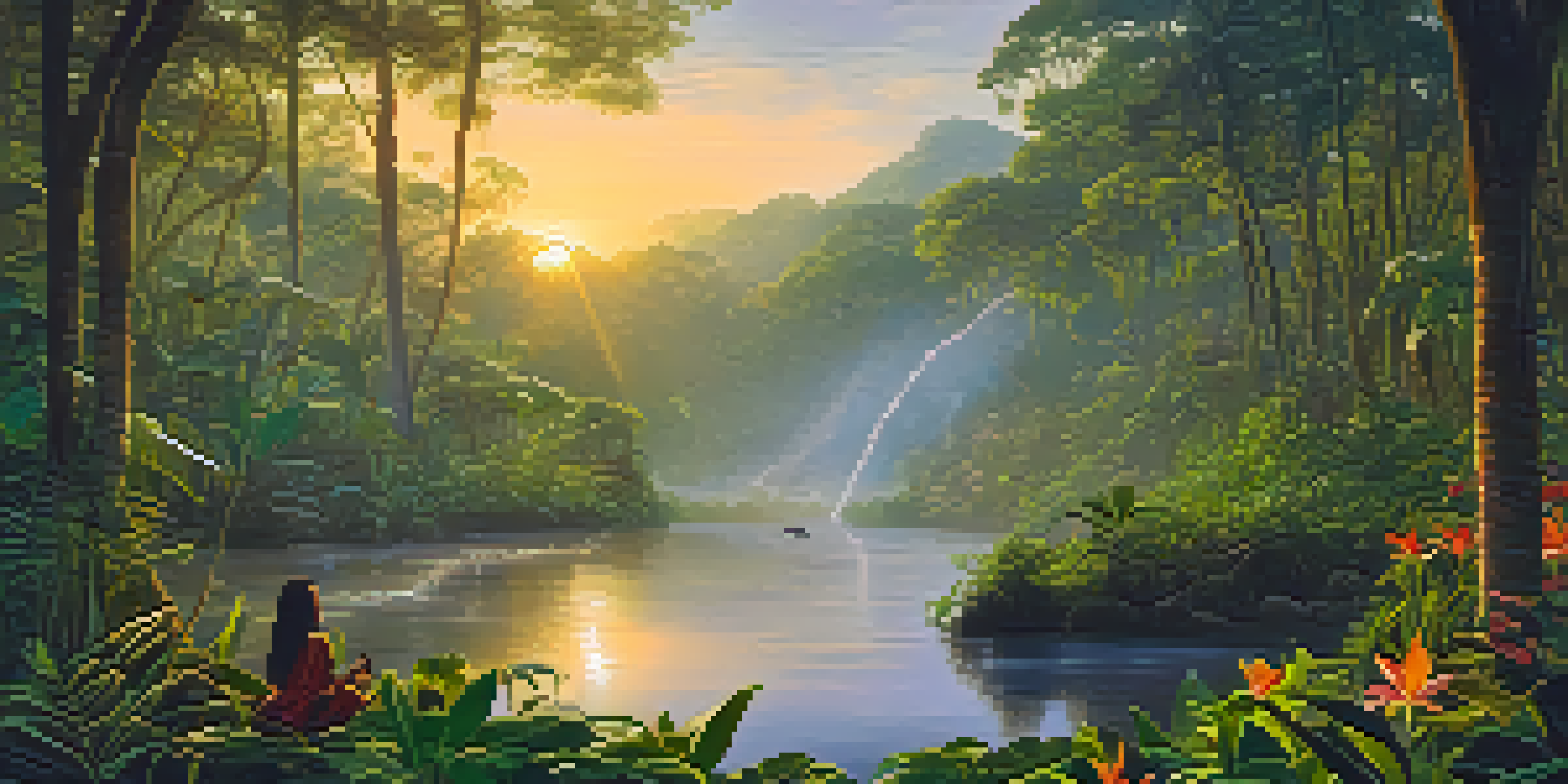 A tranquil Amazonian jungle at dawn, featuring lush greenery, a flowing stream, and participants in a traditional Ayahuasca ceremony.