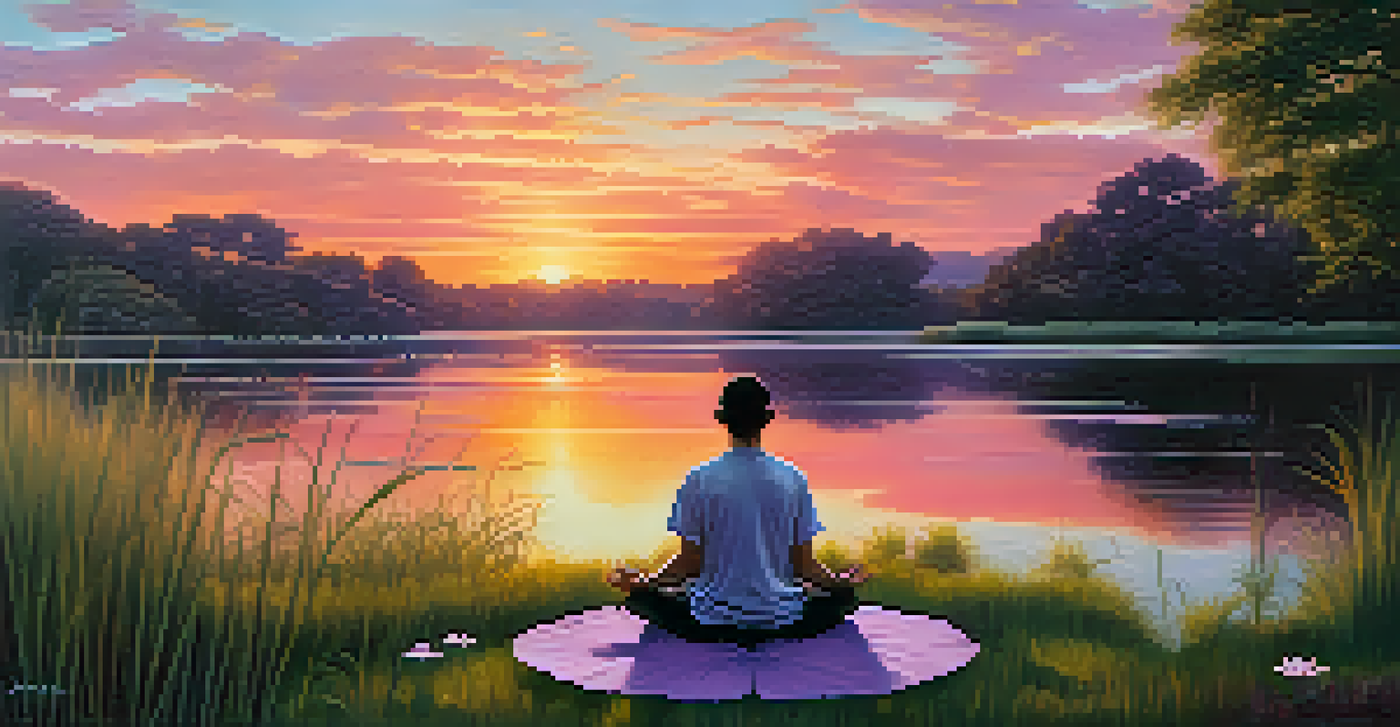 A person meditating by a lake at sunset, surrounded by trees and a colorful sky.