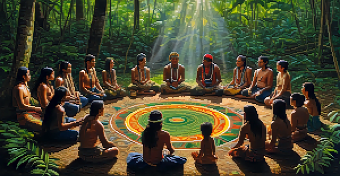 An outdoor Ayahuasca ceremony in the Amazon rainforest with participants and a shaman preparing the brew.