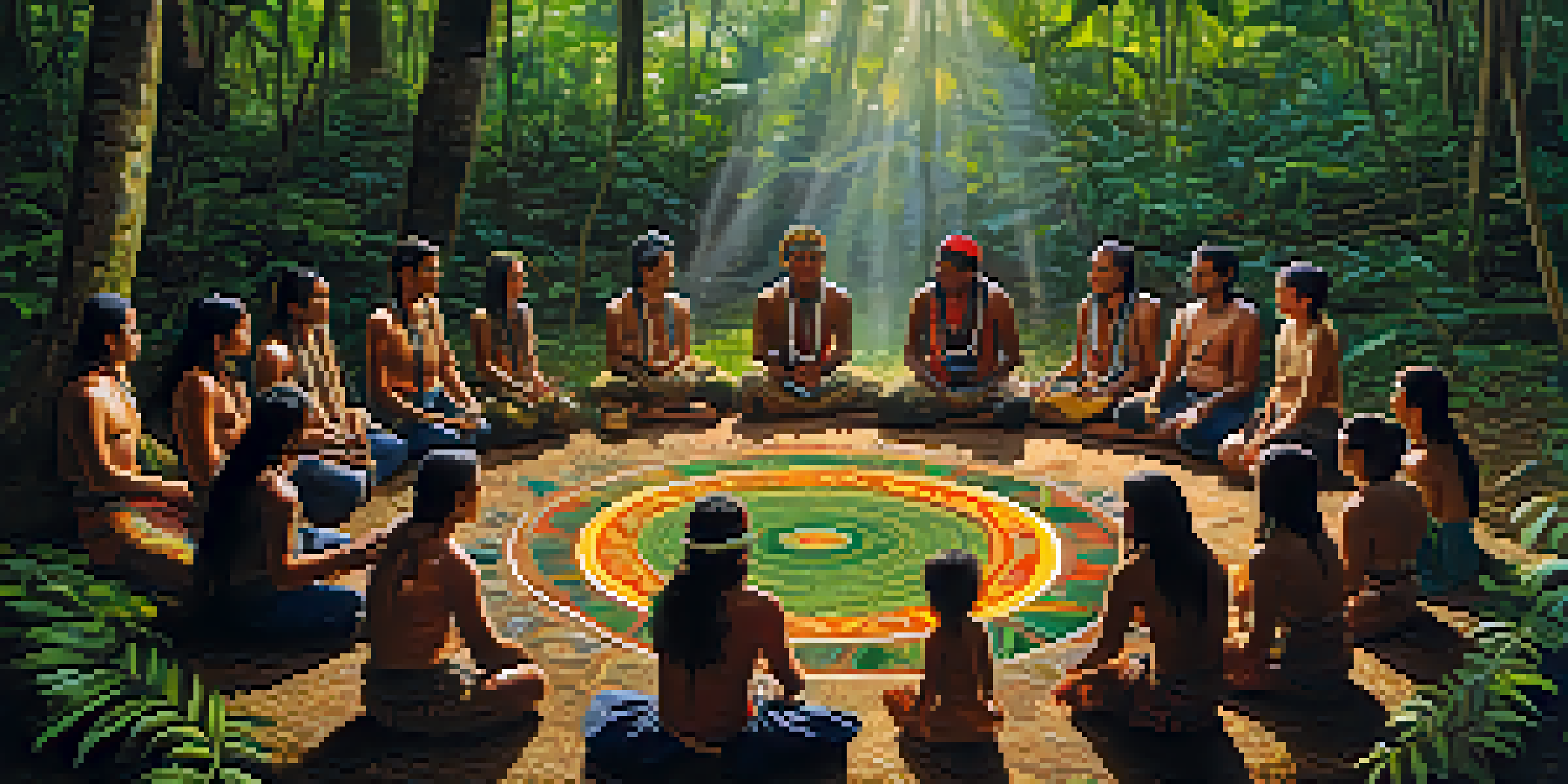 An outdoor Ayahuasca ceremony in the Amazon rainforest with participants and a shaman preparing the brew.