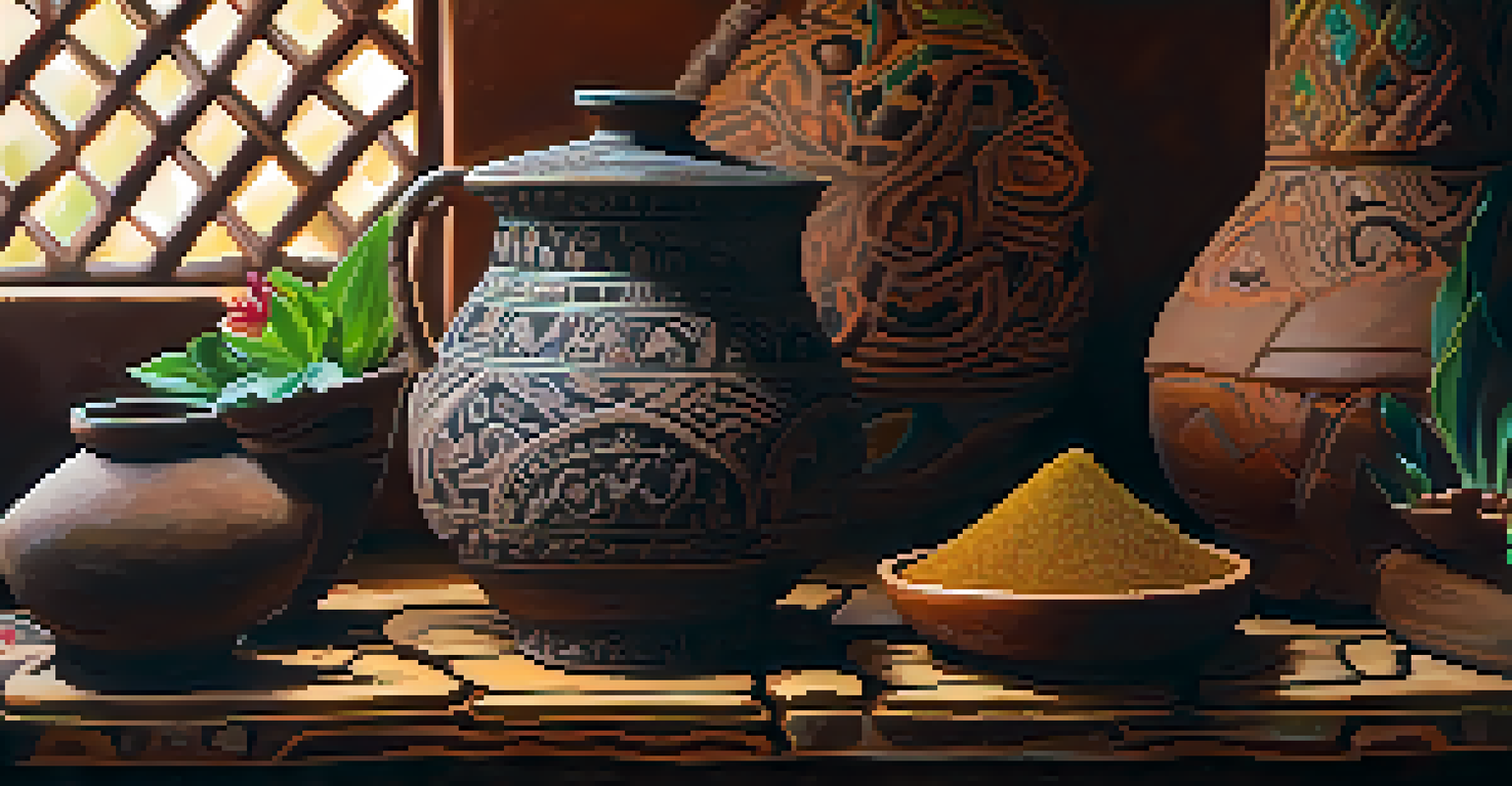 A close-up view of ayahuasca brew in a clay bowl, surrounded by blurred greenery and natural light.