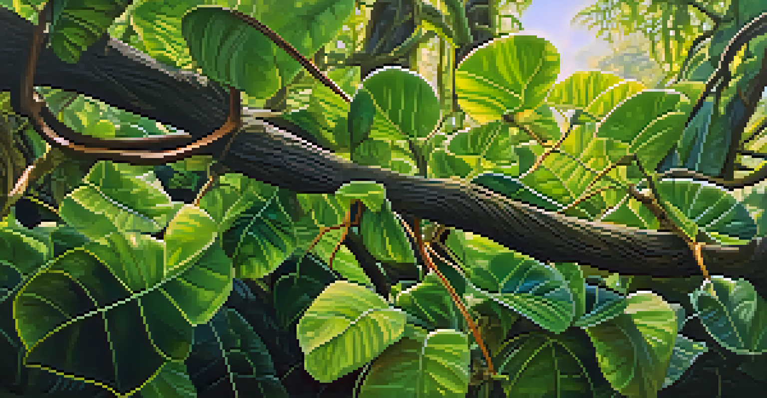 Close-up of the Banisteriopsis caapi vine in the rainforest, showcasing its texture and surrounding foliage.