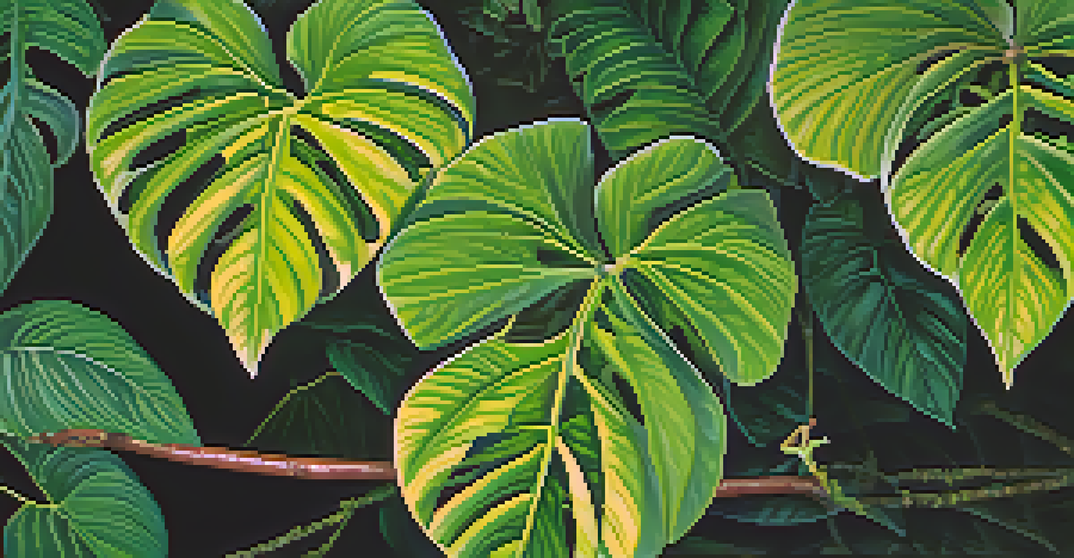 A close-up of Ayahuasca plants, Banisteriopsis caapi vine and Psychotria viridis leaves, in a lush Amazon rainforest.