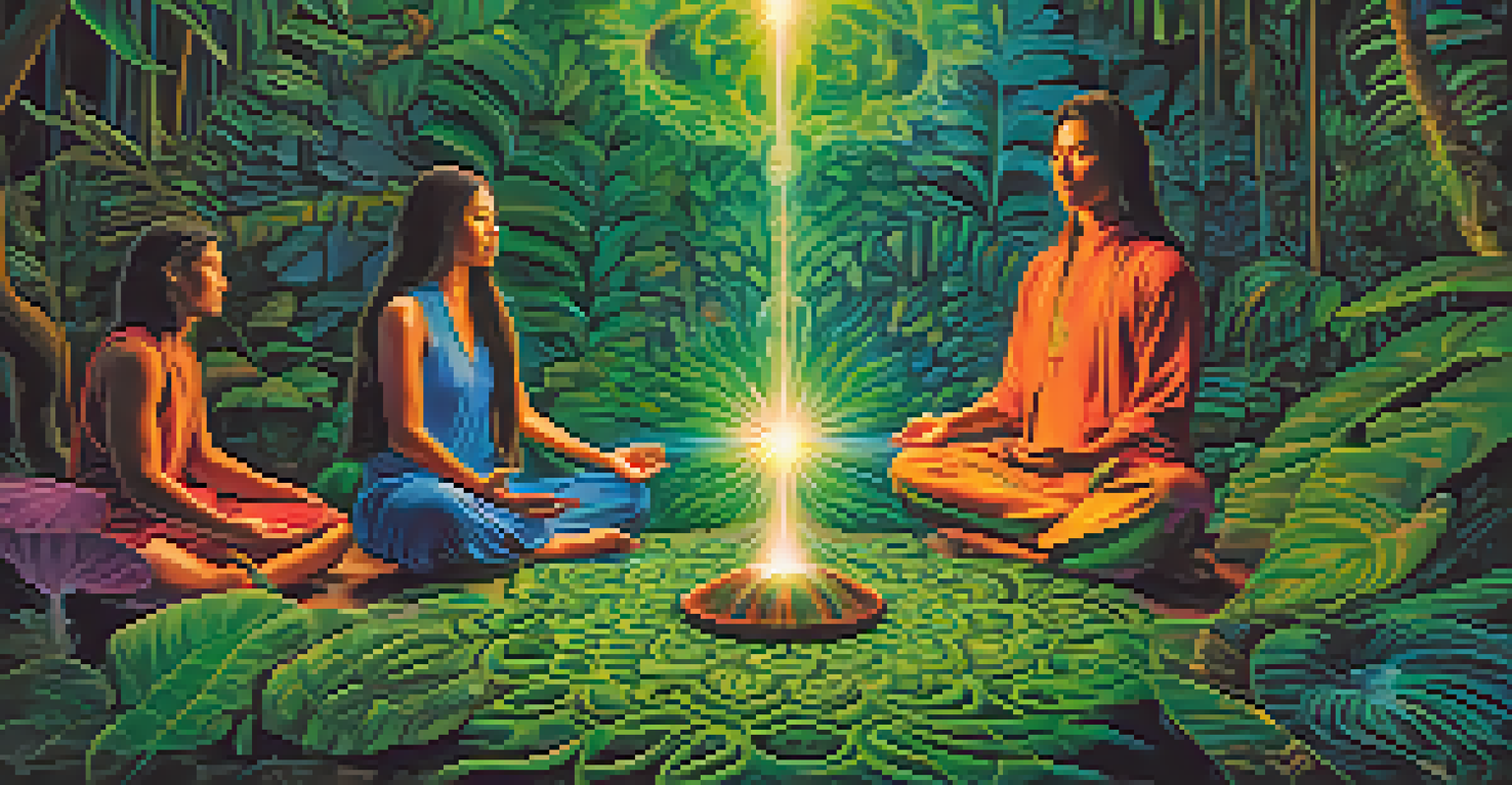 An abstract representation of Ayahuasca's effects, showing vibrant colors and a meditating person surrounded by lush jungle elements.