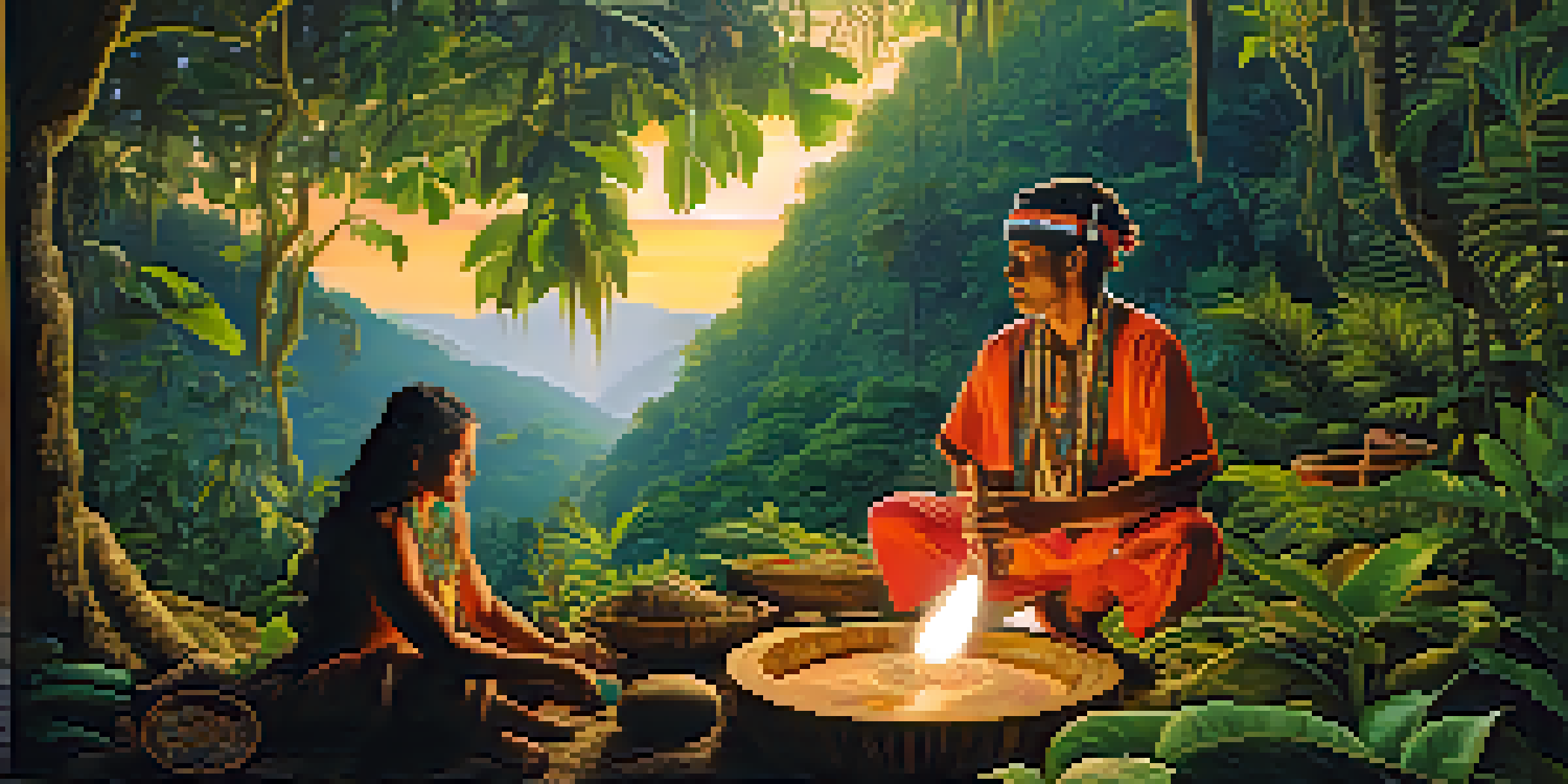 A traditional indigenous shaman preparing Ayahuasca in a lush rainforest during dusk.