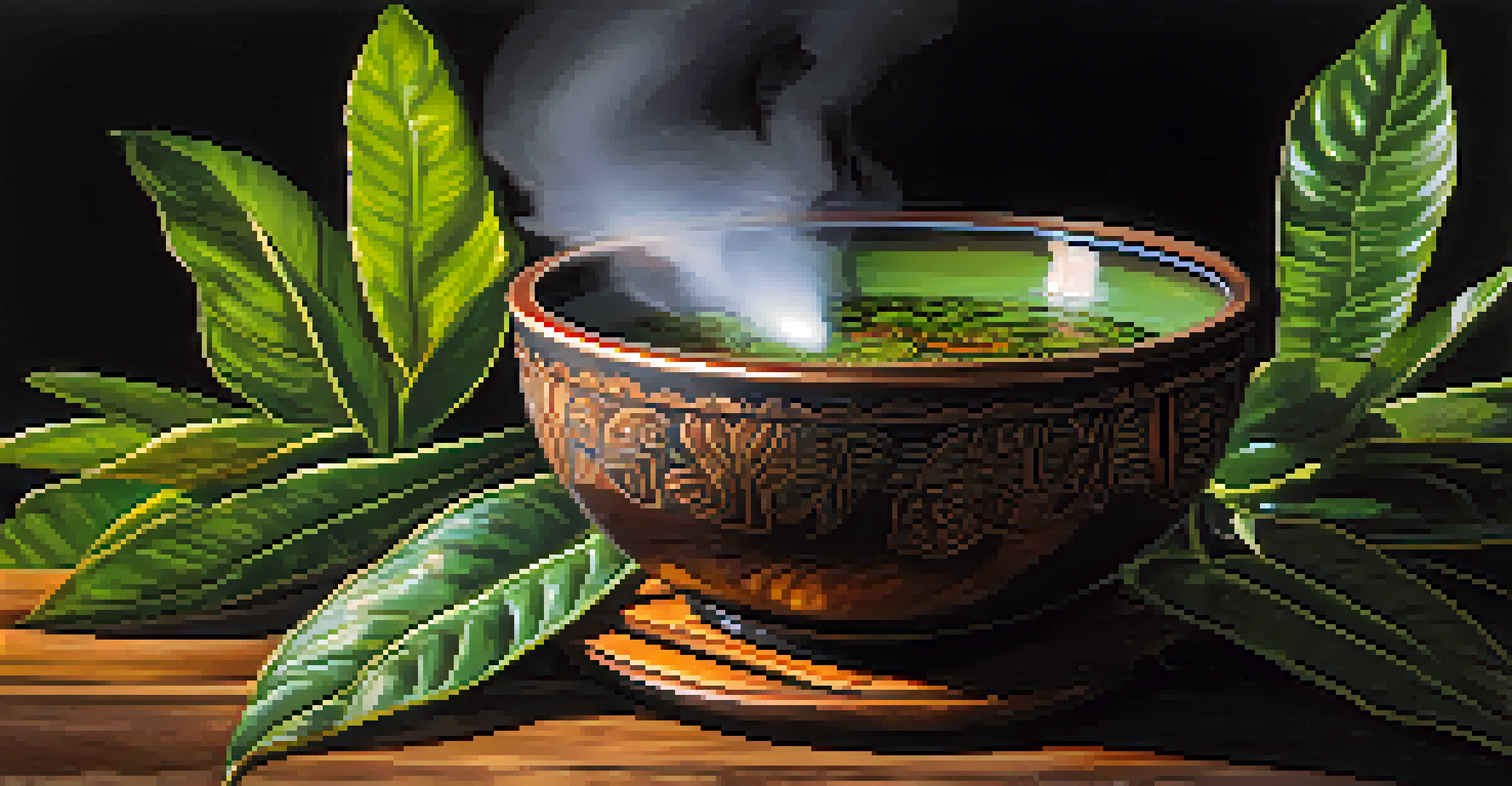A close-up of a traditional Ayahuasca brew in a ceramic bowl with steam rising, surrounded by herbs and leaves, illuminated by soft natural light.