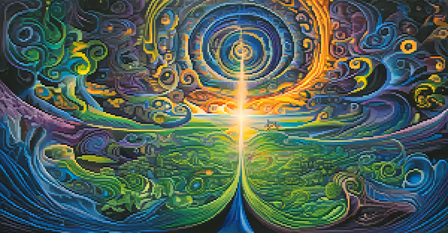 An abstract representation of the Ayahuasca experience, with swirling colors and shapes symbolizing emotions and visions, set against a deep blue and purple background.