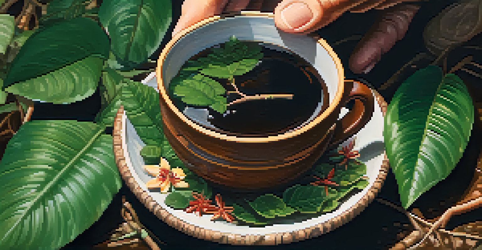 A close-up of a hand holding a clay cup of ayahuasca brew surrounded by leaves and flowers in soft natural light.
