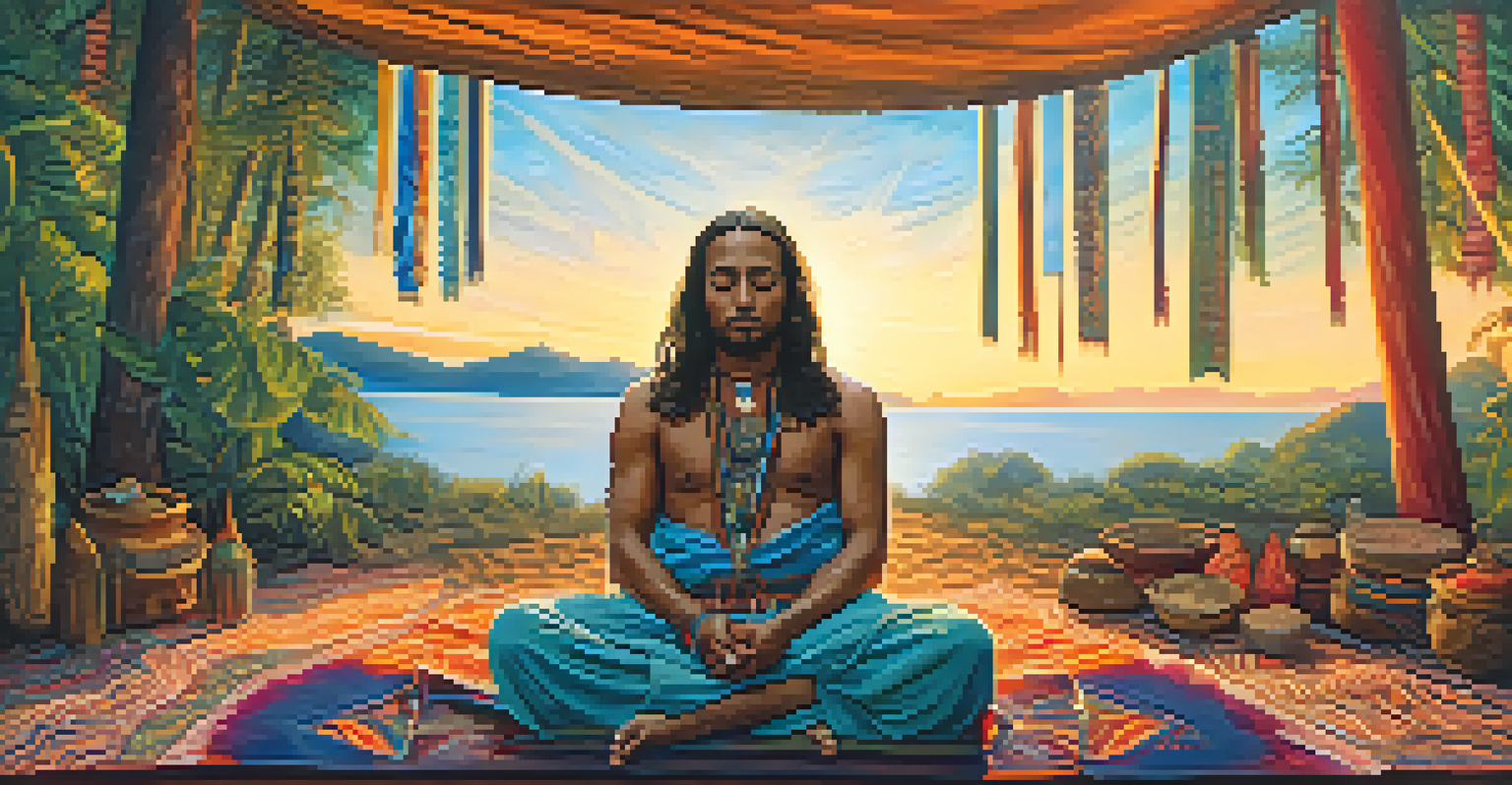 A participant in an Ayahuasca ceremony sitting cross-legged with eyes closed, surrounded by a softly lit tent and hints of vibrant visions around them.