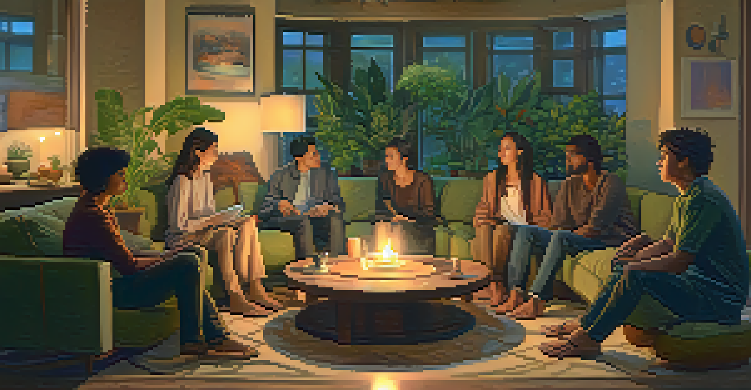 A group of people sitting in a candle-lit room, engaging in a supportive conversation.