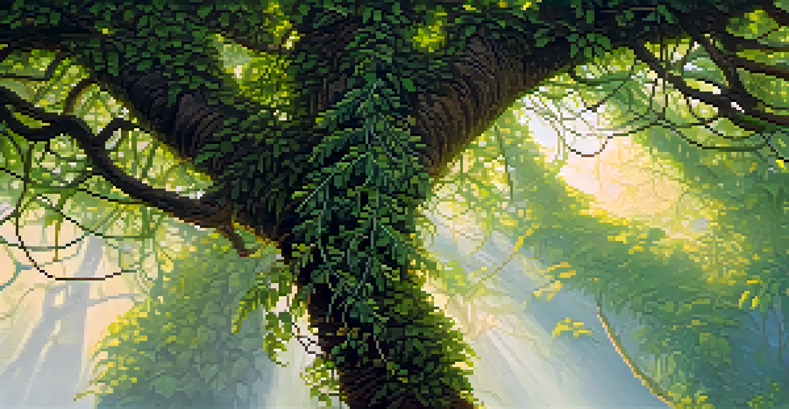 A close-up of the Ayahuasca vine entwined with lush plants in the Amazon, illuminated by soft sunlight filtering through the canopy.