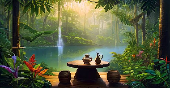 A tranquil Amazon rainforest at dawn with mist, featuring a rustic Ayahuasca ceremony setup with wooden cups and colorful flowers.