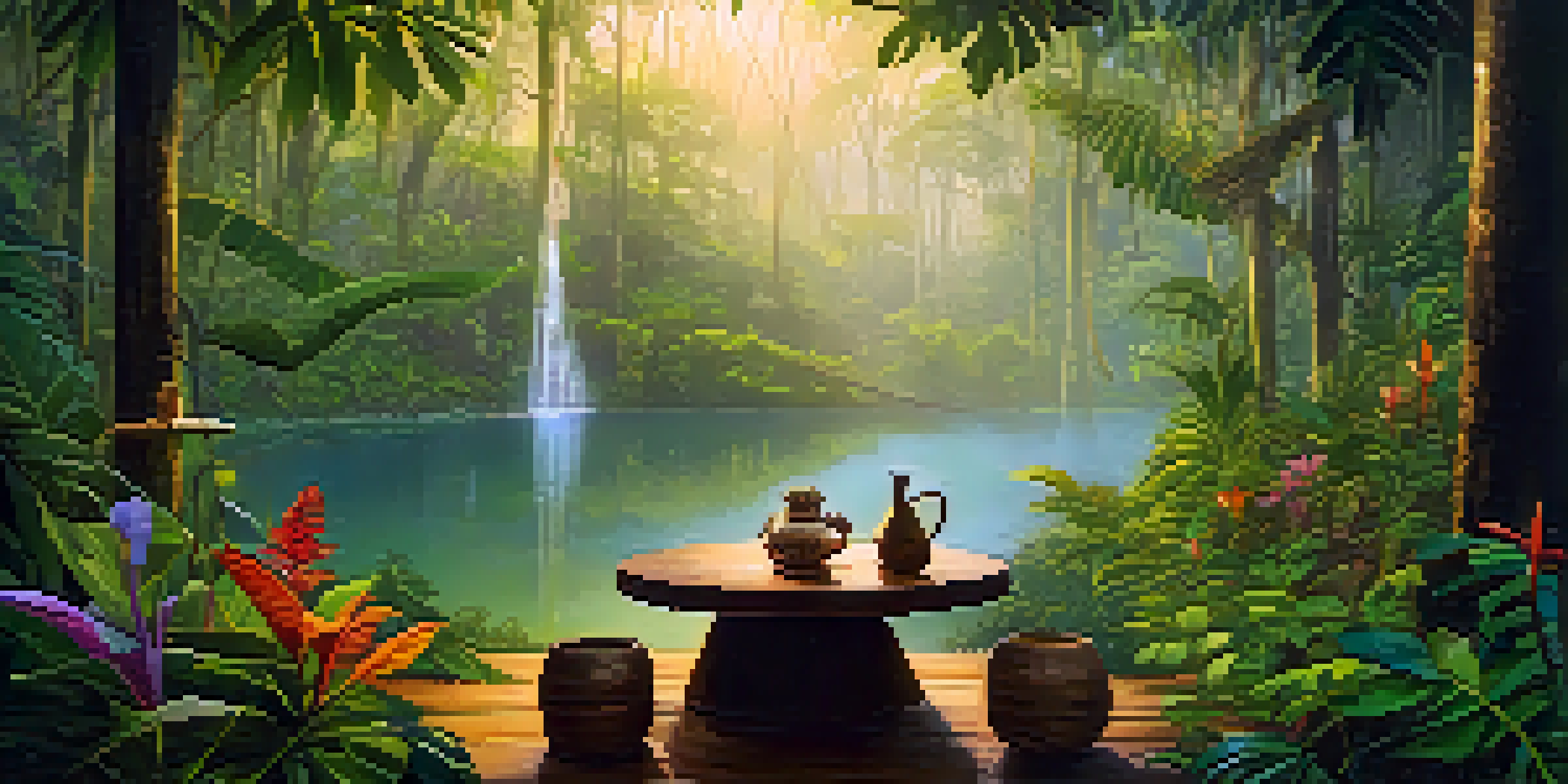 A tranquil Amazon rainforest at dawn with mist, featuring a rustic Ayahuasca ceremony setup with wooden cups and colorful flowers.