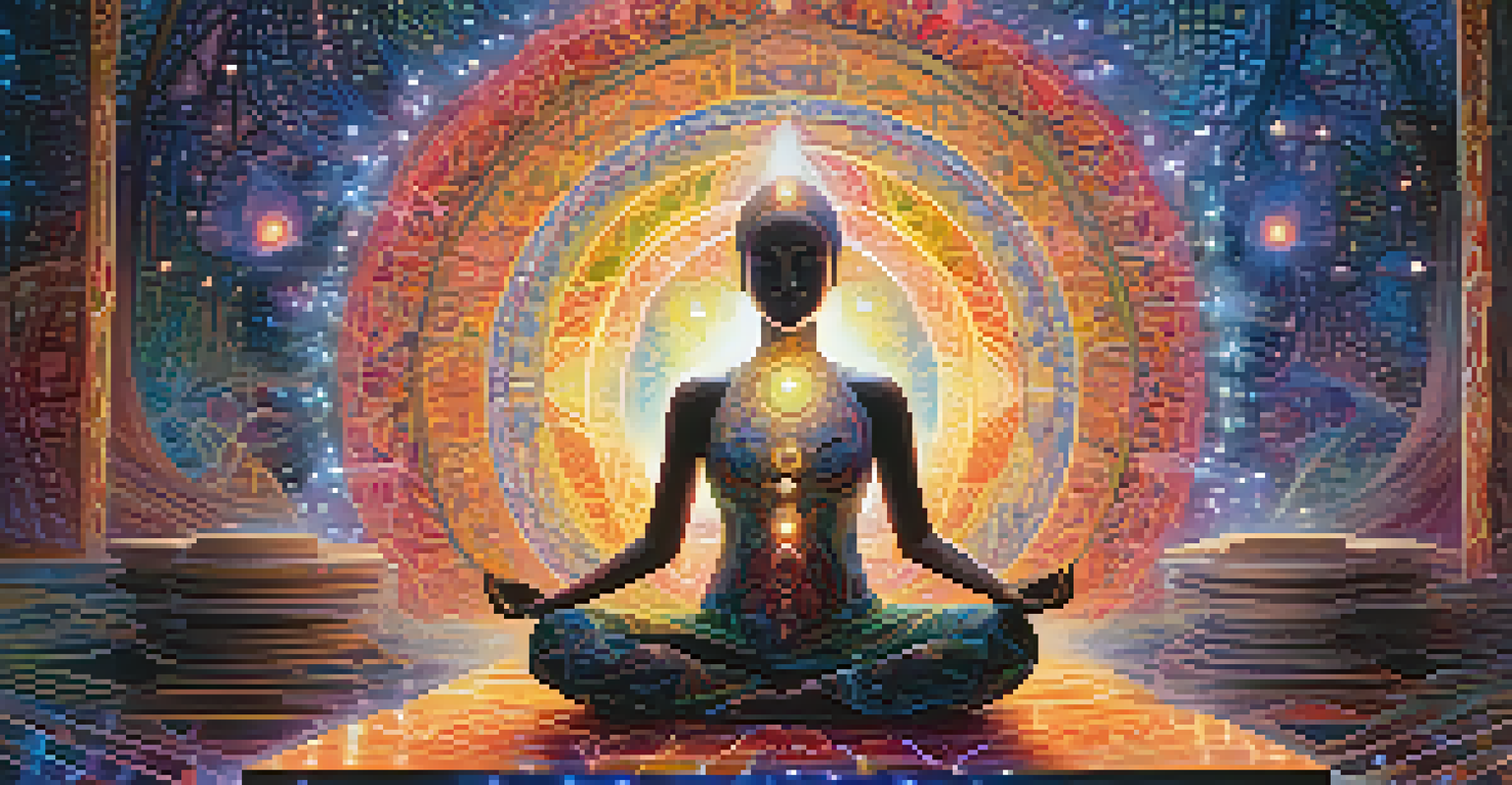 An abstract image showing a meditating figure surrounded by cosmic patterns and colorful light, symbolizing consciousness and interconnectedness.