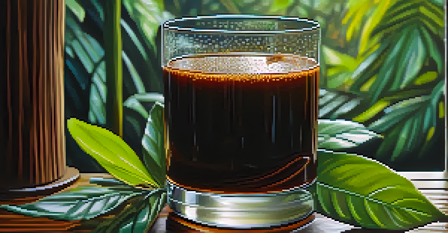 A close-up of a glass containing dark brown ayahuasca brew, set against a blurred background of Amazon jungle foliage with natural light highlighting the glass.