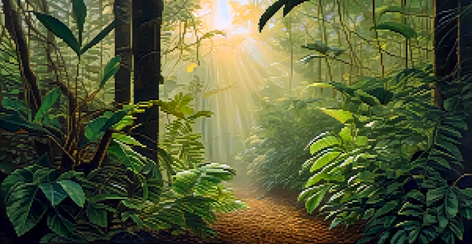 A peaceful Amazon rainforest at dawn with vines and leaves, softly illuminated by golden light and surrounded by mist.