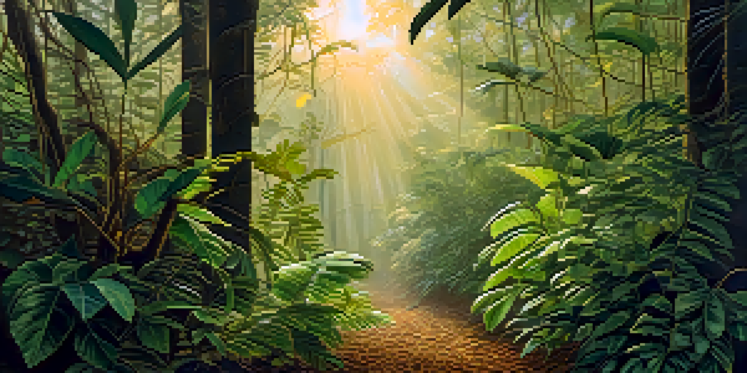 A peaceful Amazon rainforest at dawn with vines and leaves, softly illuminated by golden light and surrounded by mist.