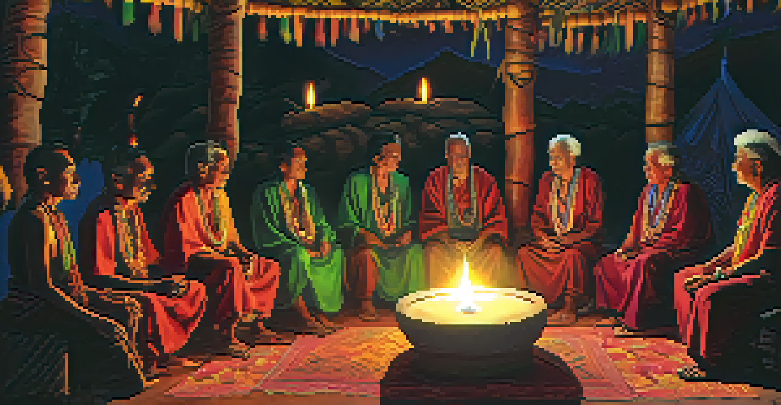 An elderly shaman guiding an intimate Ayahuasca ceremony with participants seated on mats, illuminated by candlelight.
