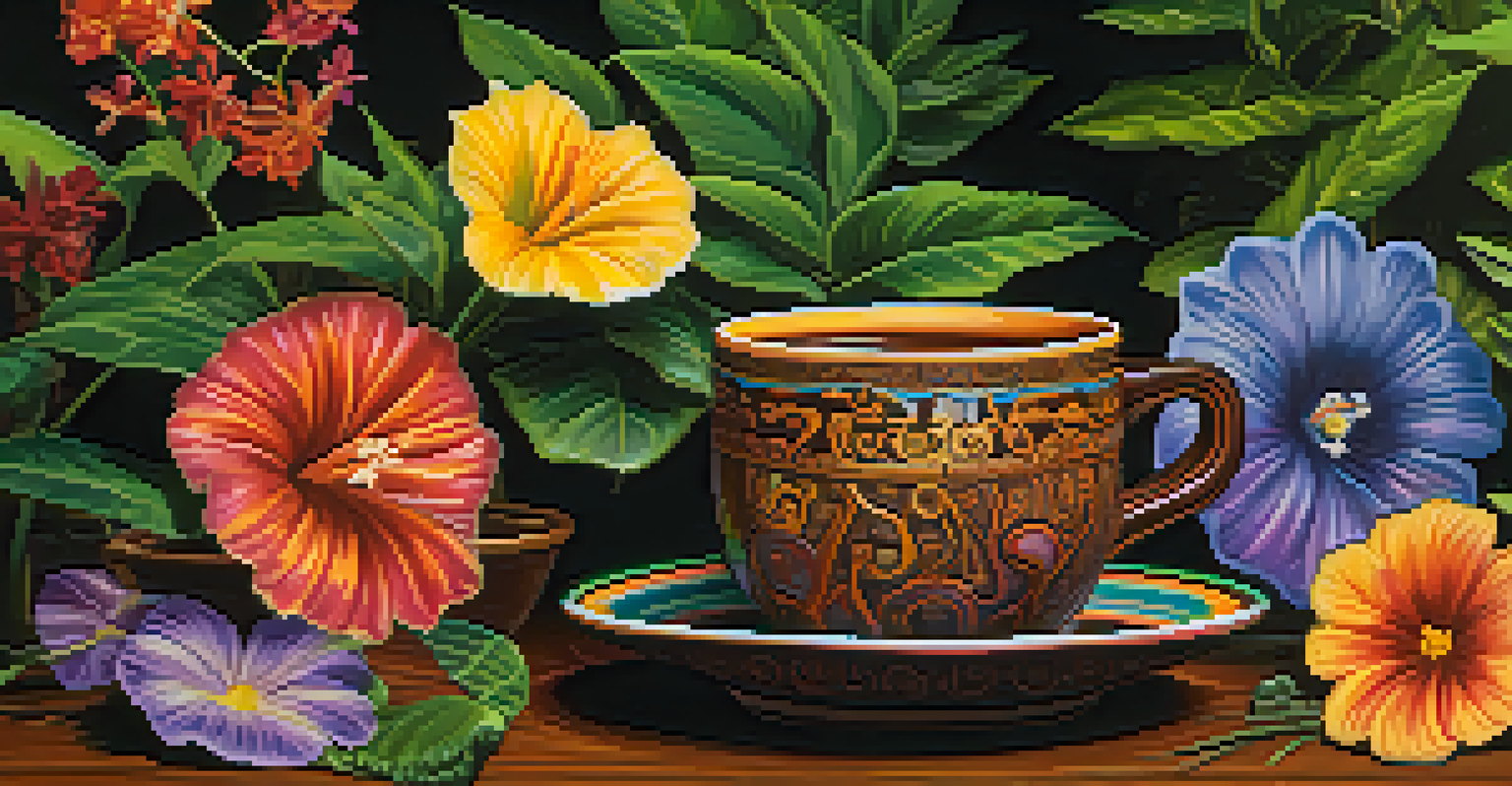 A close-up of Ayahuasca brew in a ceramic cup, surrounded by greenery and flowers, with a mystical atmosphere.