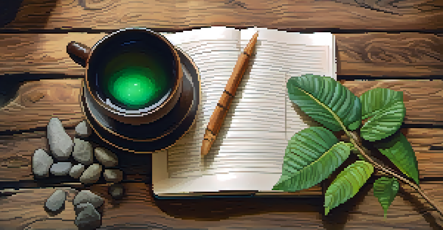 An open notebook and a cup of Ayahuasca brew on a wooden table, with the blurred Amazon rainforest in the background.