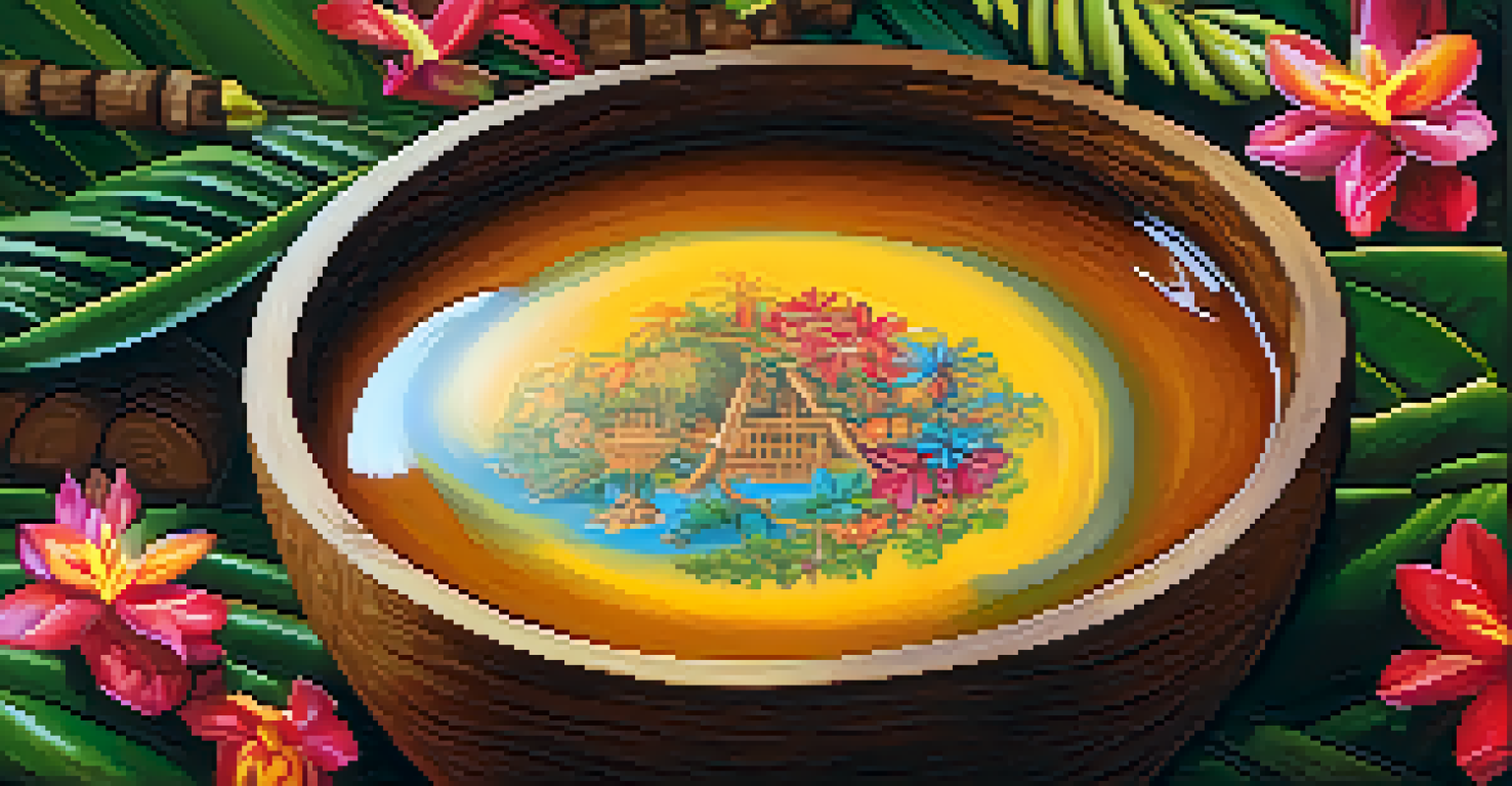 Close-up of Ayahuasca brew in a wooden bowl surrounded by tropical flowers.
