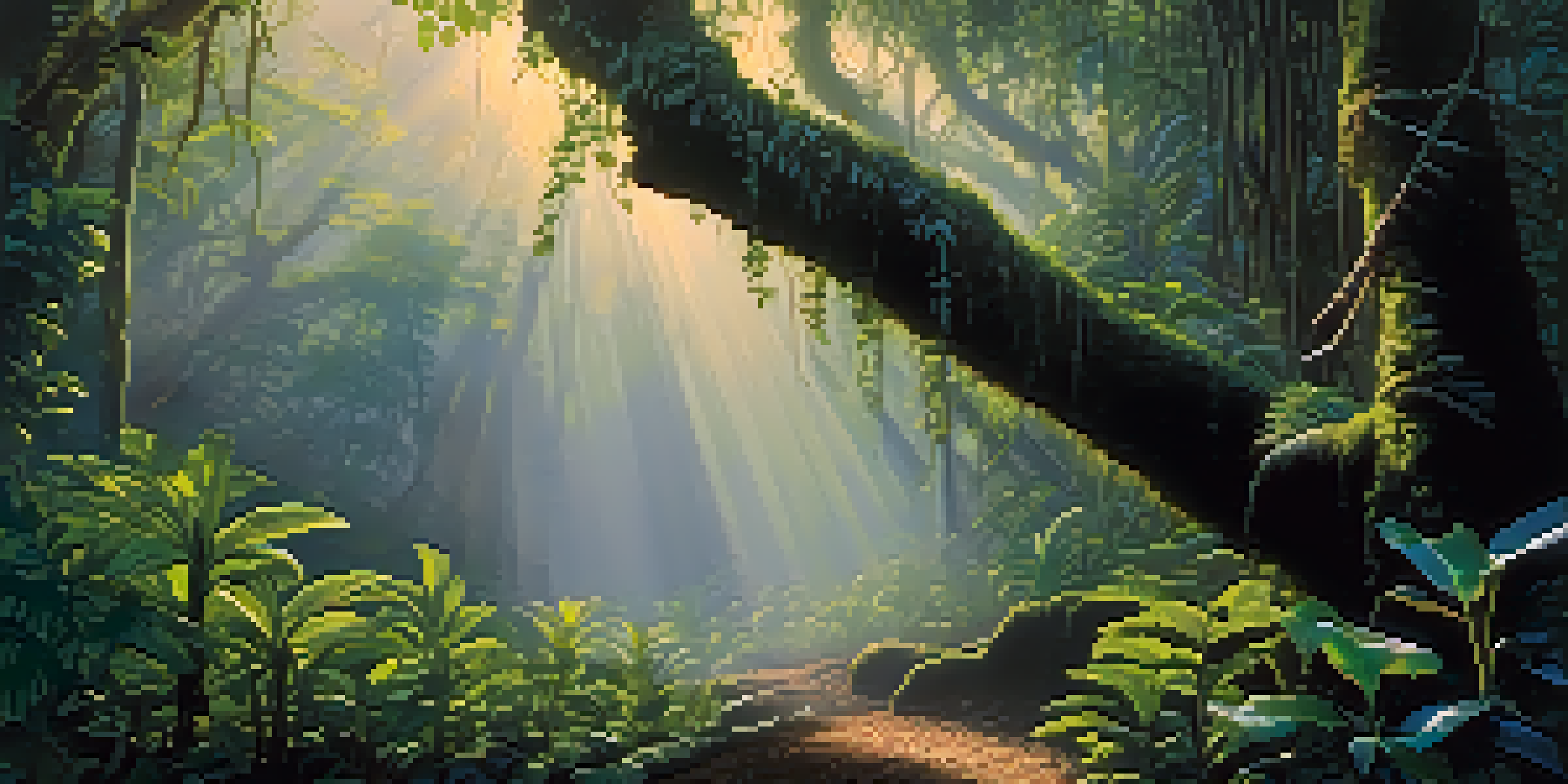 A peaceful Amazon rainforest at dawn with mist and sunlight filtering through trees, featuring a Banisteriopsis caapi vine.