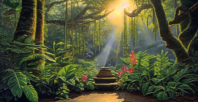 A peaceful scene of the Amazon rainforest at dawn, showcasing the Banisteriopsis caapi vine and a ceremonial altar amidst lush greenery and colorful flowers.