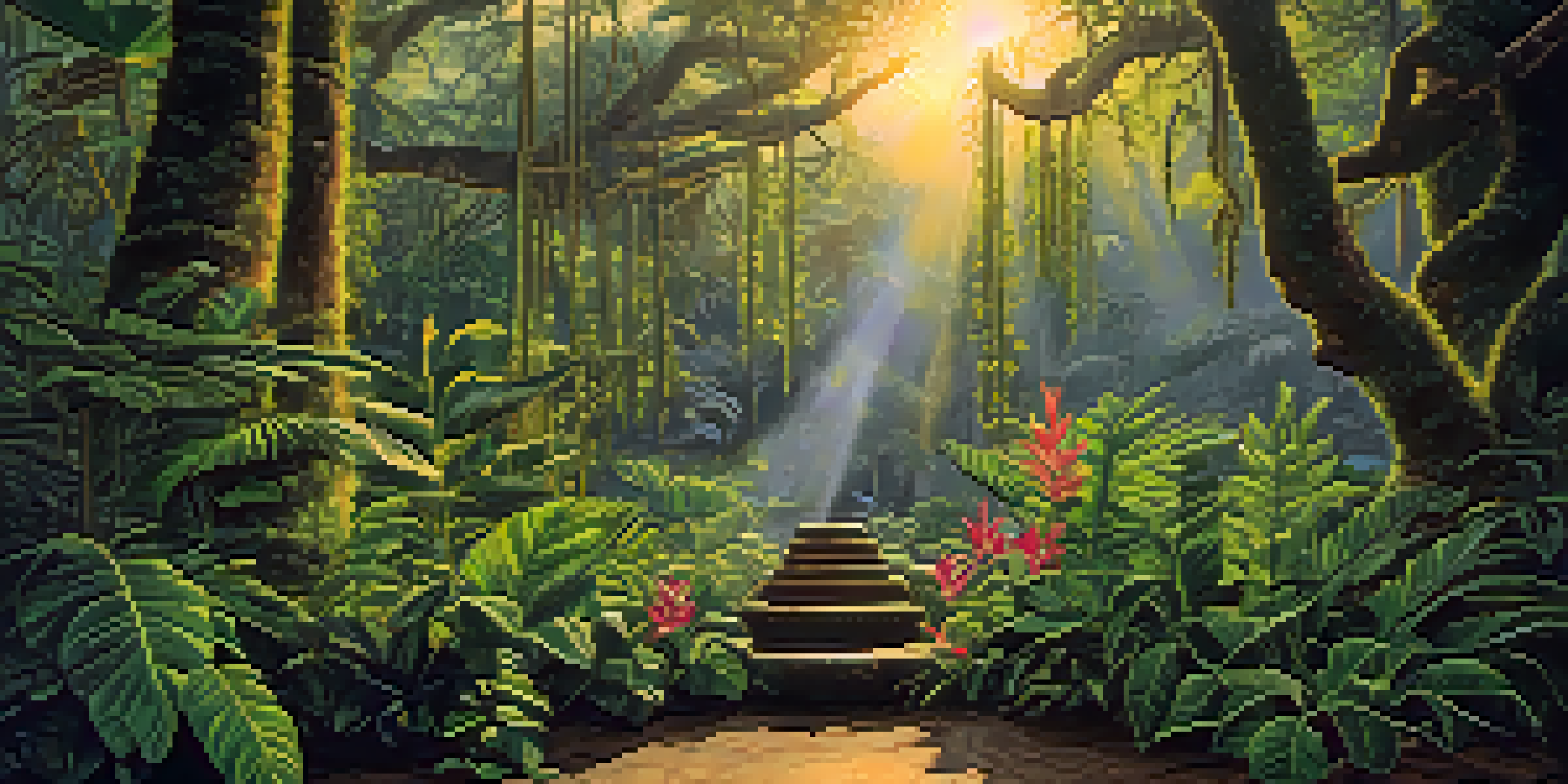 A peaceful scene of the Amazon rainforest at dawn, showcasing the Banisteriopsis caapi vine and a ceremonial altar amidst lush greenery and colorful flowers.