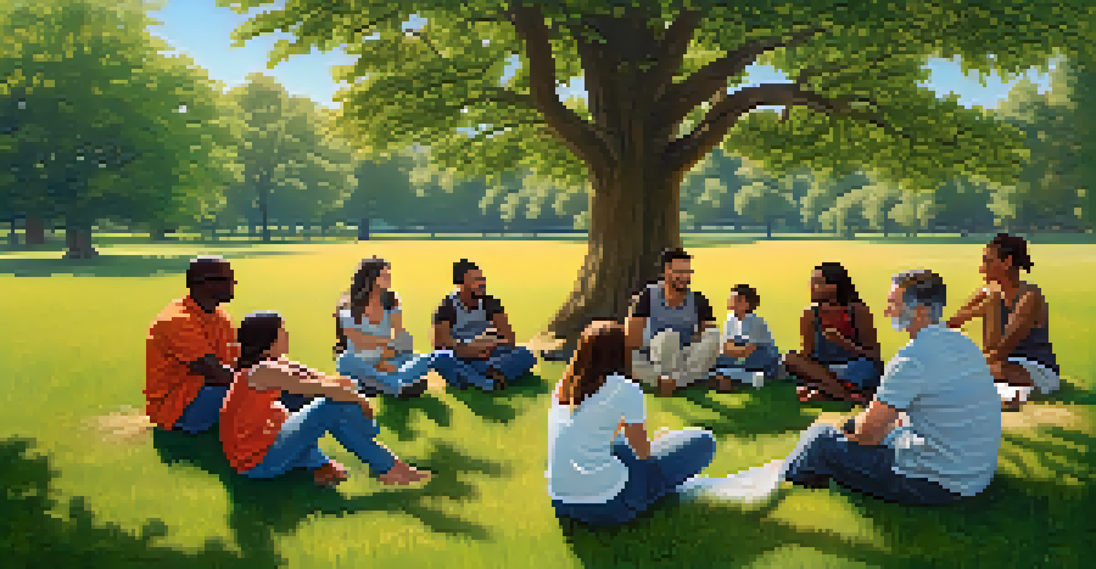 A diverse group of people sitting in a circle on grass, engaged in a supportive community discussion.