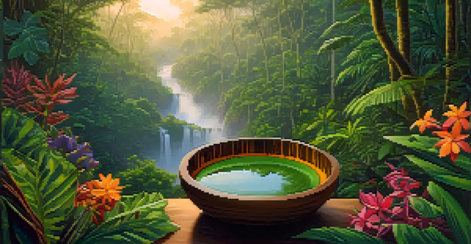 A tranquil Amazon rainforest at dusk with a wooden bowl of Ayahuasca brew surrounded by colorful tropical flowers.