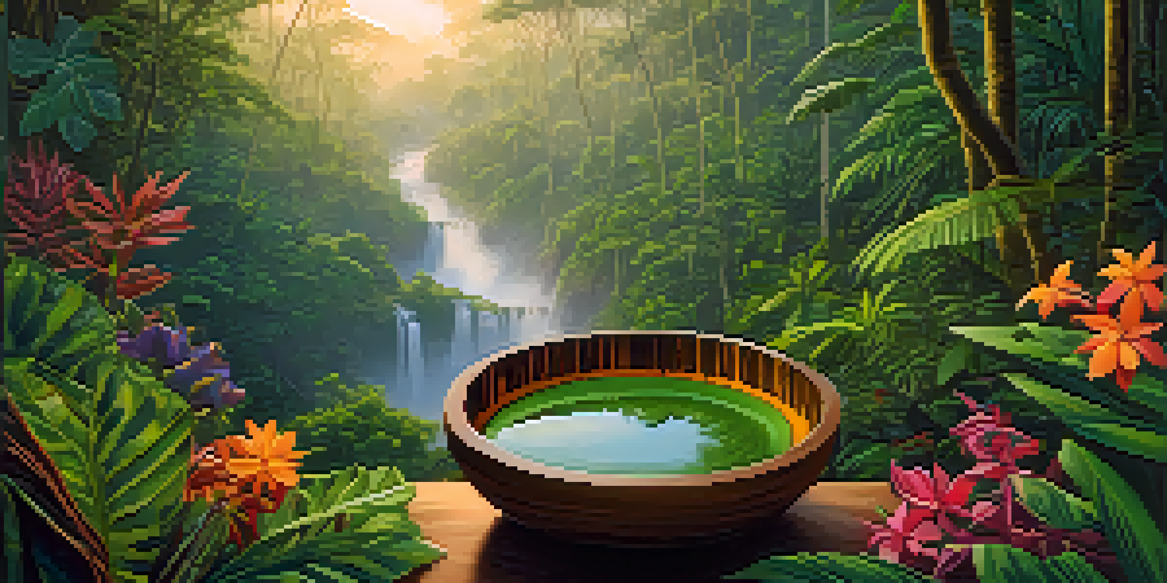 A tranquil Amazon rainforest at dusk with a wooden bowl of Ayahuasca brew surrounded by colorful tropical flowers.