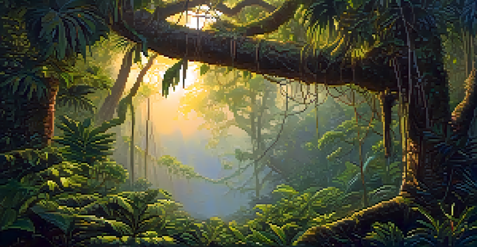 A peaceful Amazon rainforest landscape with a vine and an altar for Ayahuasca preparation, illuminated by soft golden light.