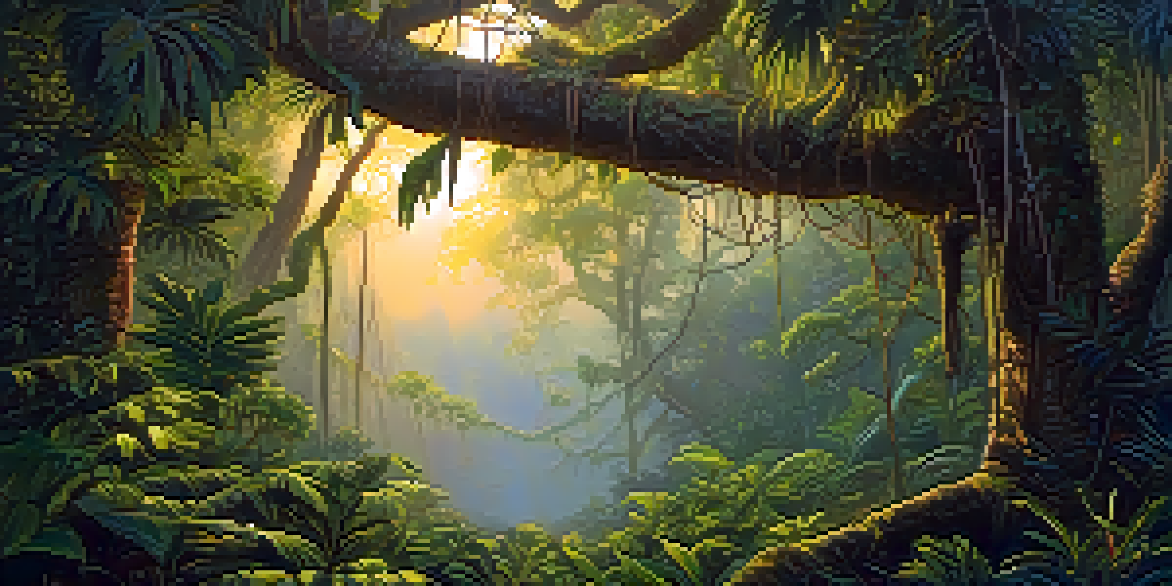 A peaceful Amazon rainforest landscape with a vine and an altar for Ayahuasca preparation, illuminated by soft golden light.