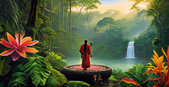 A peaceful rainforest at dawn with a shaman in traditional attire preparing for an Ayahuasca ceremony.